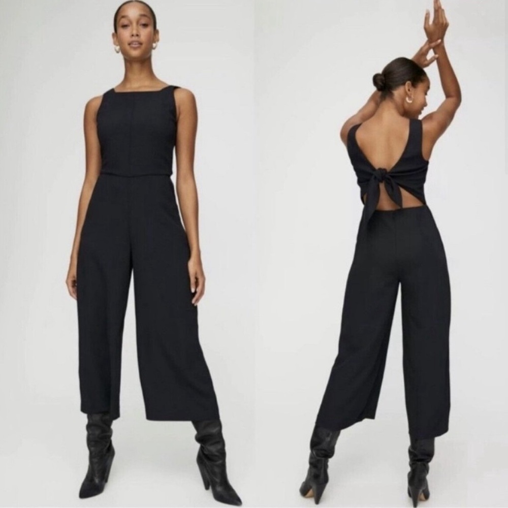 Wilfred Womens Black Cropped Wide Leg Dressy Jumpsuit Square Neck Tie Back Sz S